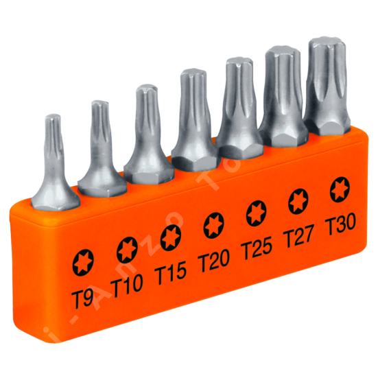 Torx bitfej készlet, 7 db, 25mm, S2 acél, méretek: T9, T10, T15, T20,T25, T27, T30