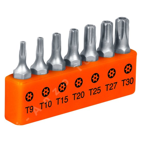 Torx bitfej készlet (furatos), 7 db, 25mm, S2 acél, méretek: TS9, TS10, TS15, TS20, TS25, TS27, TS30